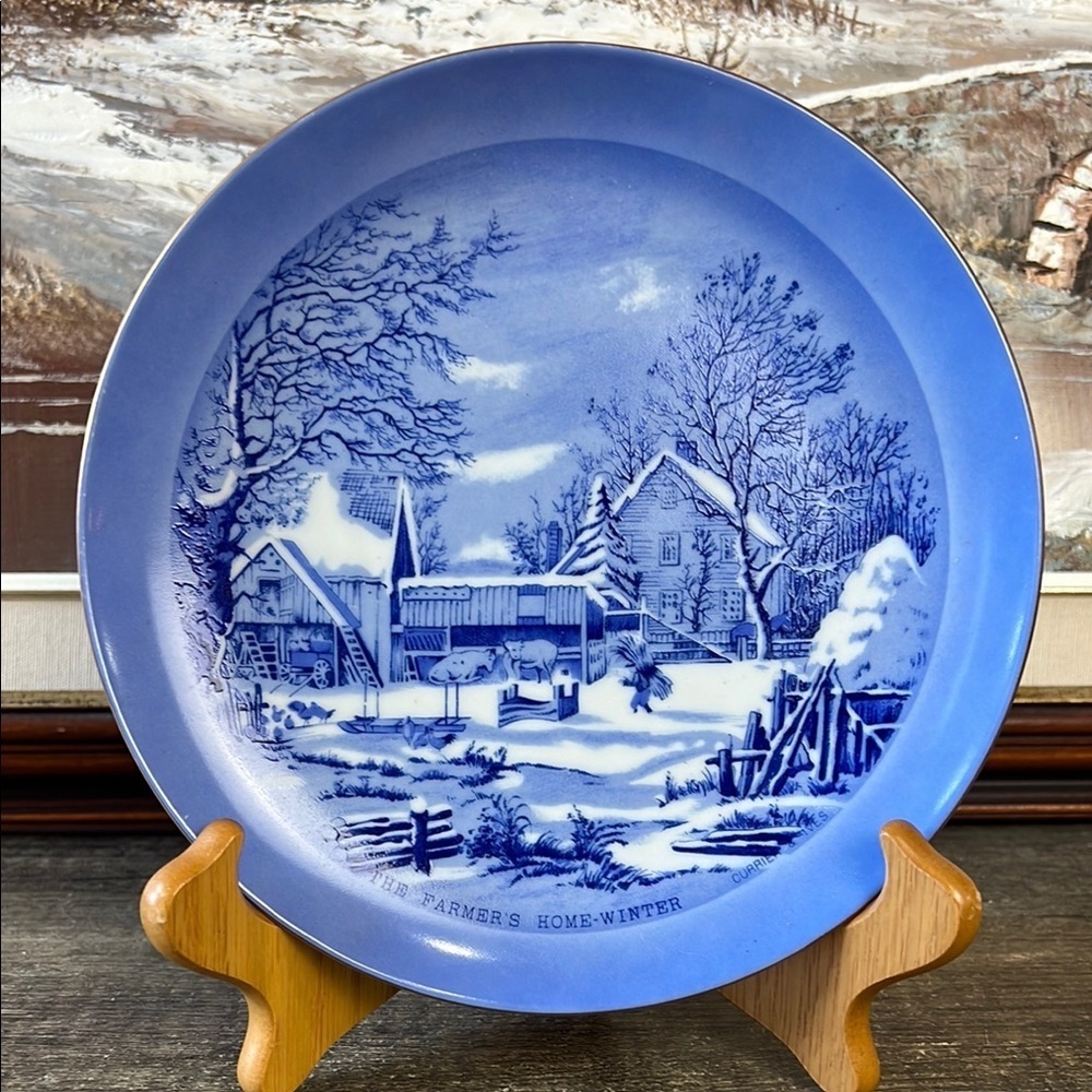 Vtg Currier & Ives The Farmers Home Winter Blue Scene Decorative Plate Japan